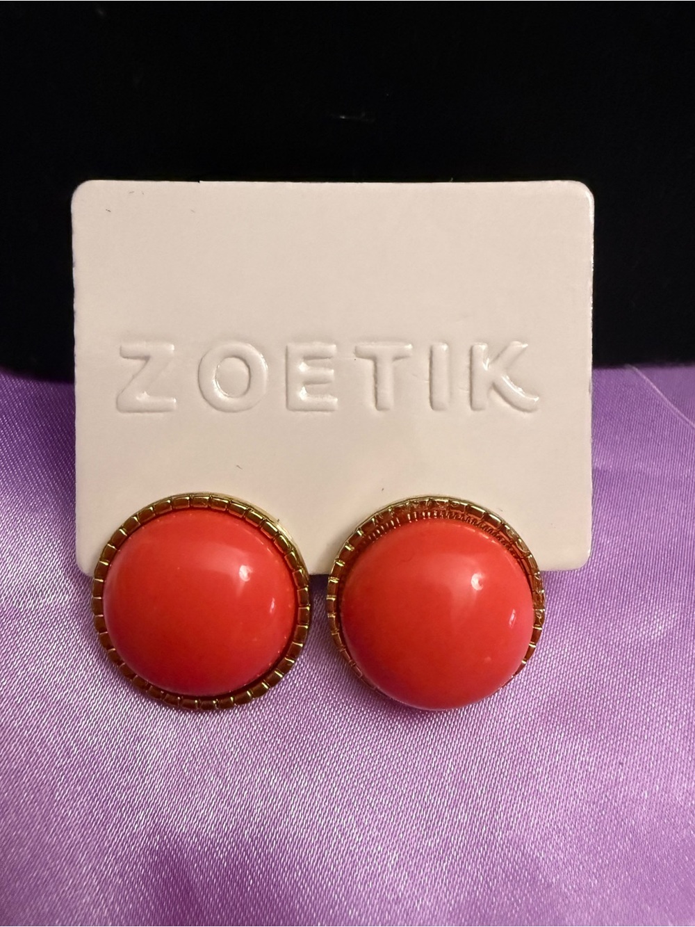 Zoetik Coral Round Button Earrings with Gold Trim